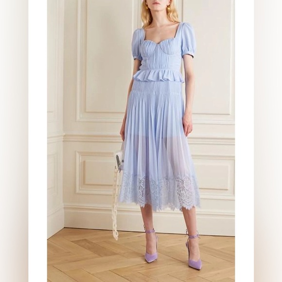 Self-Portrait Light Blue Short Sleeve Chiffon Midi Dress US4/UK8 NWT. - Picture 4 of 7